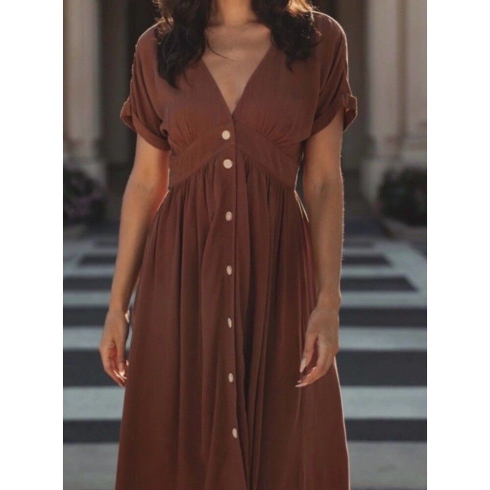 The Normal Brand Deep V Button-Thru Dress Terracotta Rust Midi Women's XS